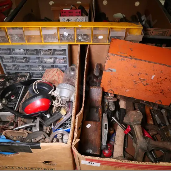 2 boxes allsorts: wooden planes, earmuffs, shoe lasts, small storage chests, etc.