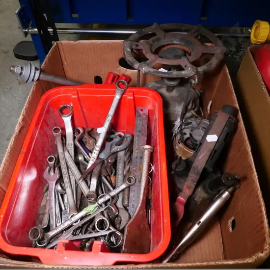 box of vintage primus, blowtorch, open-ended ring spanners, etc