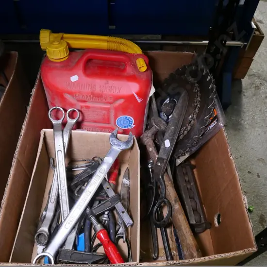 box of vintage saw blades, fuel container, hammers, scissors, etc