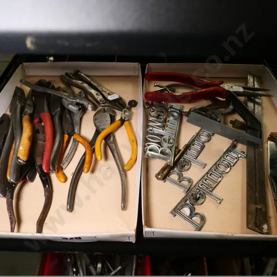 pliers, car badges, pocket knife, etc.