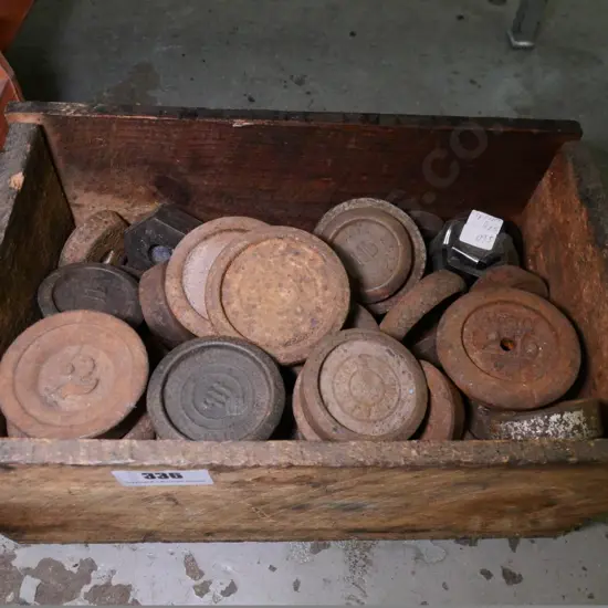 wooden box of vintage scale weights
