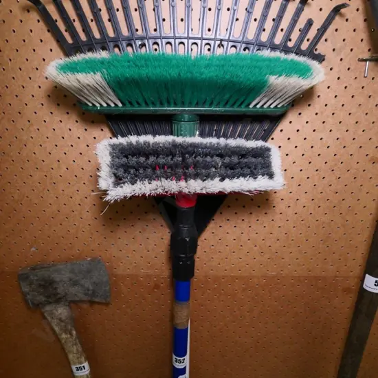 garden rake, broom and telescopic window brush