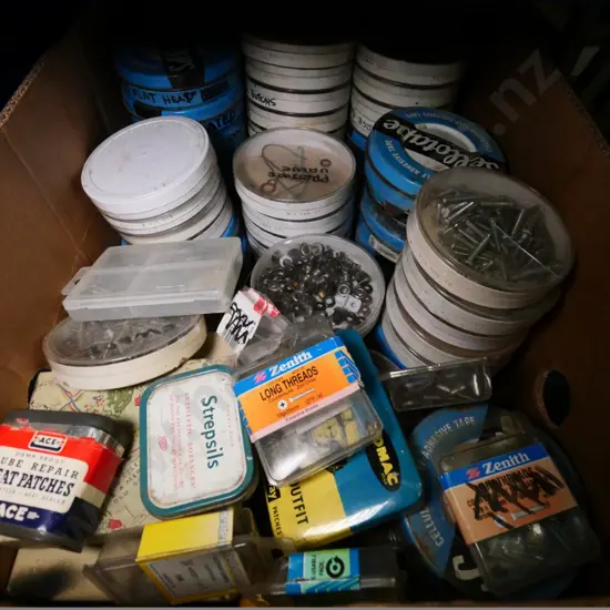 box of numerous screws, fasteners, etc.