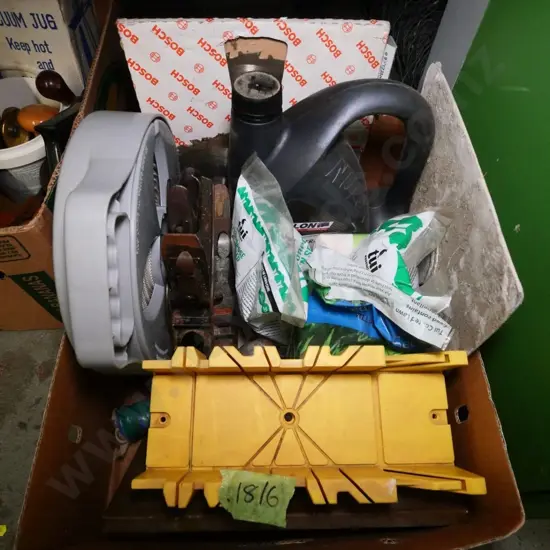 box of saw blades, mitre box, hand planes, etc.