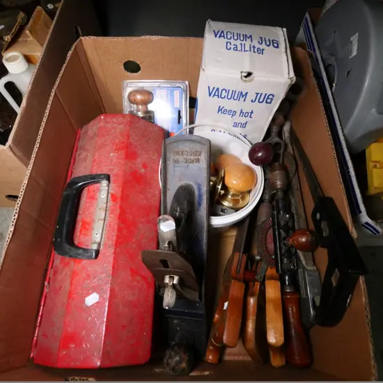 box of eggbeater drills, hand planes, cupboard handles, etc.