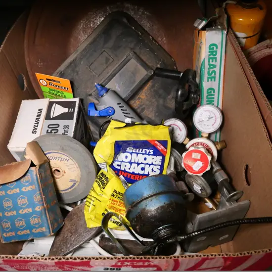 box of allsorts - electric glue gun, oiler, welder's mask, etc.