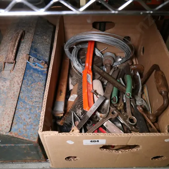 toolbox and a box of spanners, wire brushes, wire, etc.