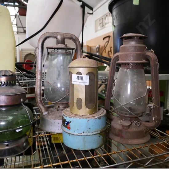 glasshouse heater, 3 kerosene lanterns