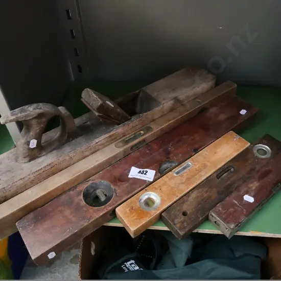 vintage wood-plane and 5 wooden levels