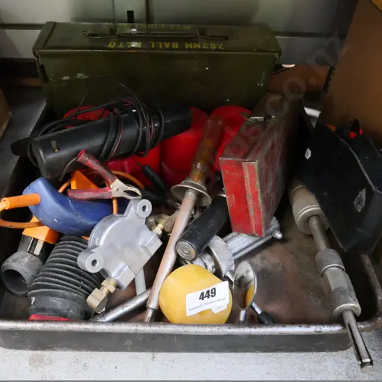 metal tray and contents - ammo box, glue gun, voltmeter, etc.