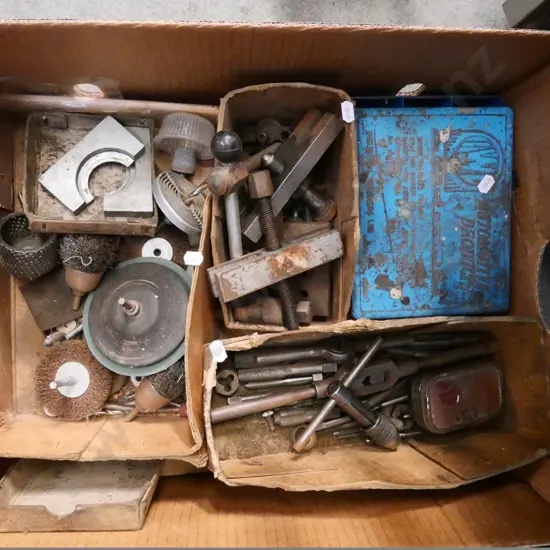 box of allsorts - wire brushes, sanding discs, small tap & die, etc.