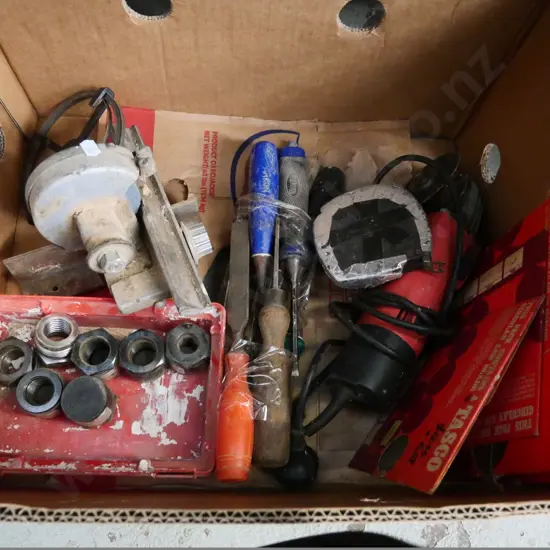 box of allsorts: angle grinder, chisels, etc.