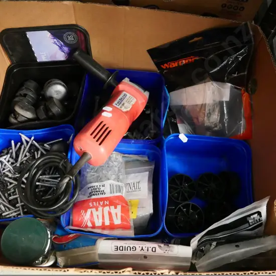 box of roofing screws, angle grinder, casters, etc.