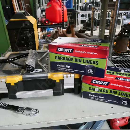 toolbox, garbage bags, dog lead