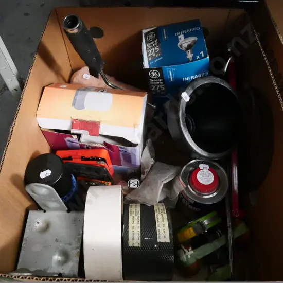 box of allsorts: cutoff discs, paintroller, fuel funnel, etc.