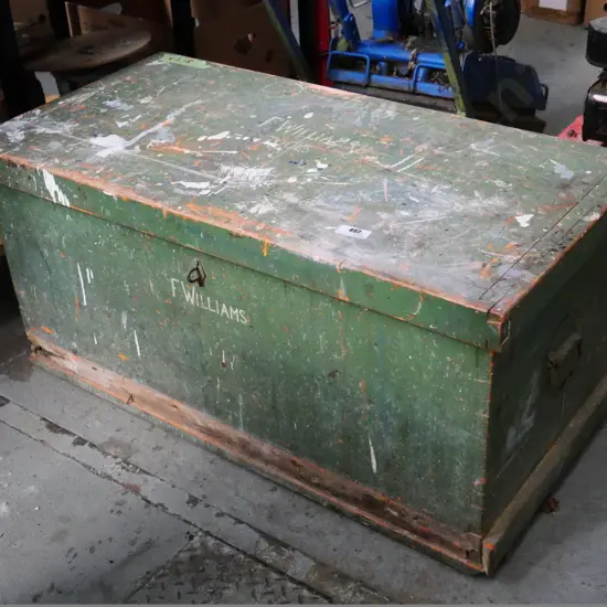 vintage woodworker's chest on casters - some borer