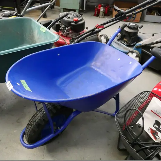 blue painted wheelbarrow
