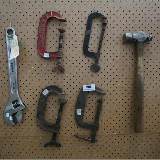 4 G-clamps, ball-peen hammer, and an adjustable crescent