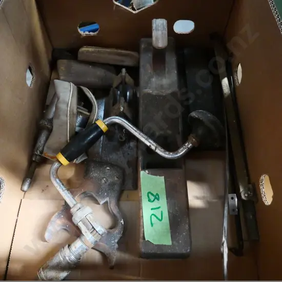 box of part wooden hand plane, drill brace, grease gun, etc.