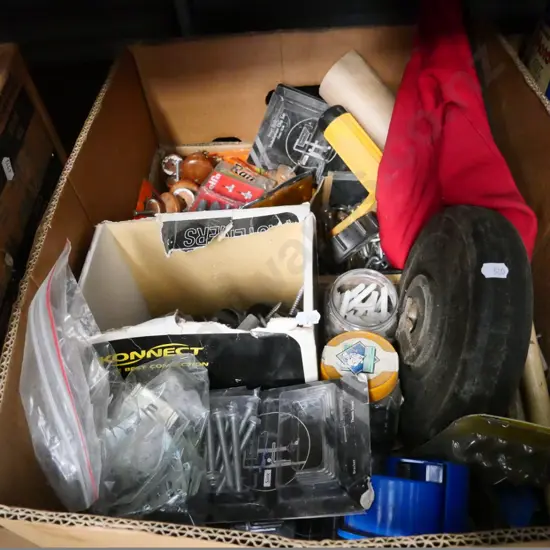 box of allsorts: door hardware, roofing screws, red flags, etc.