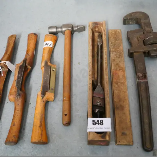 vinatage tools - spokeshaves, plumber's wrench, adjustable spade bit