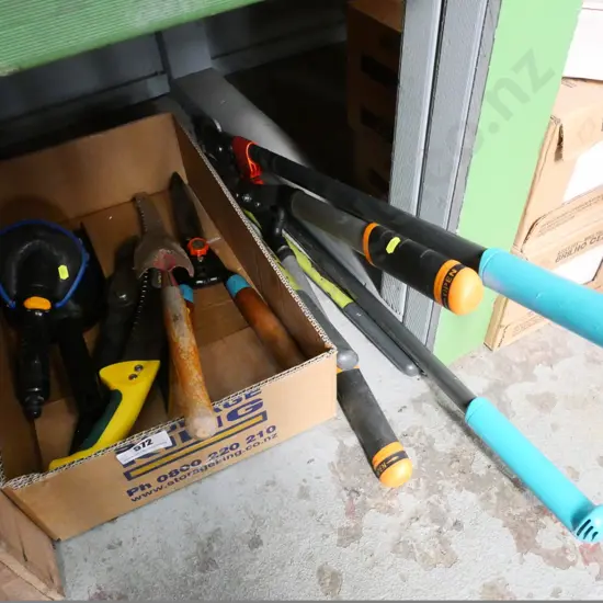 box of garden tools, loppers, hedge clippers etc.