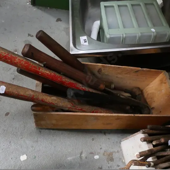 box of vintage garden loppers, hedge trimmers, ball peen hammer, etc.