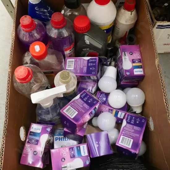 box of cleaning supplies, meths, lightbulbs