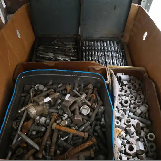 box of nuts, bolts, drill bits