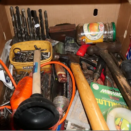 box of drill bits, hammers, rasps, RCD etc.