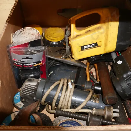 box of angle grinder, corded drill, trailer connectors, etc.