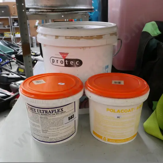 pail of paint and 2 pots of waterproofing membrane
