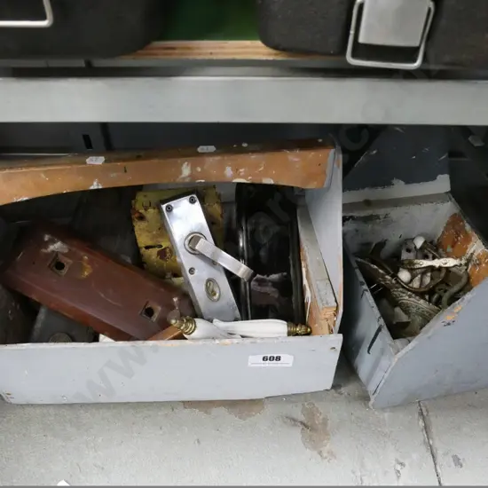 2 wooden boxes and contents - door hardware, etc.