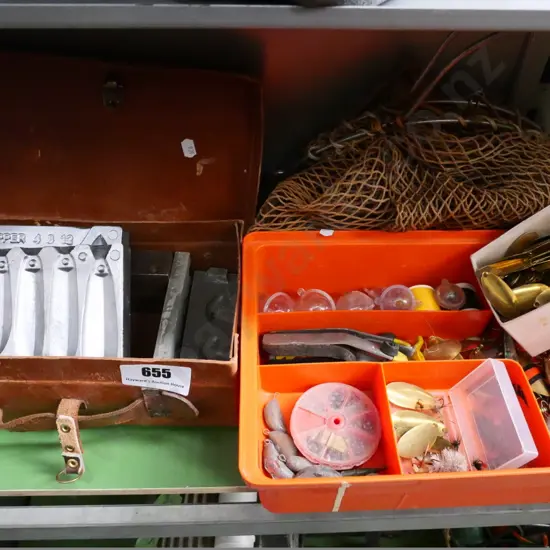 catch bag, fishing lures, sinker molds, etc.