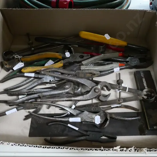 box of pliers, builder's level, nail pinches, etc.