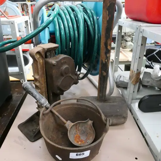 glue pot, vintage car jack, wooden mallet