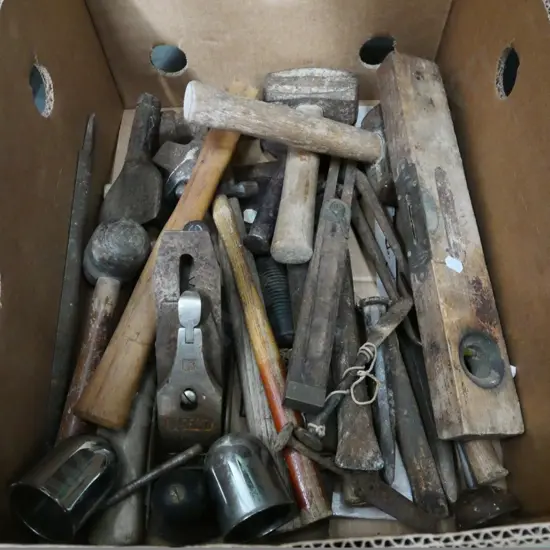 box of rusty allsorts - mallet, plane, levels, etc