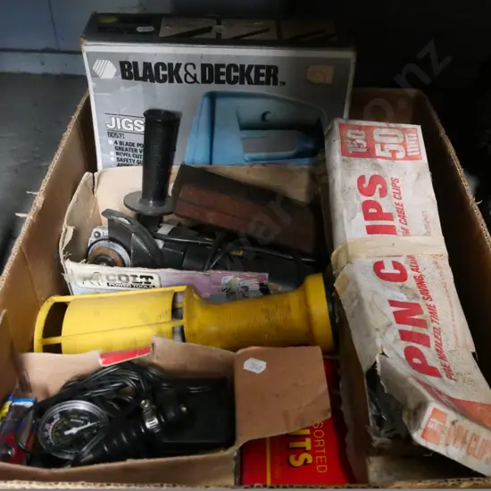 box of trouble light, angle grinder, pin clips, etc.