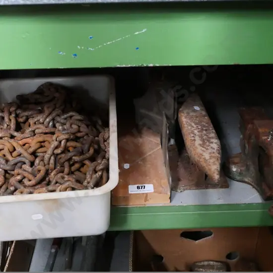 rusty vise, chain, mitre box, anvil