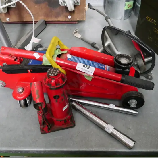 trolley jack, caravan towing mirror and a bottle jack