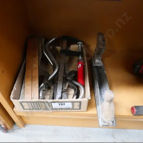 builder's rules, small F-clamp, snips, etc.