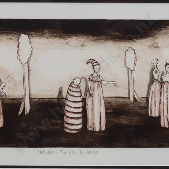 Rachael Garland 2003 - framed hand coloured etching 7/10 "Initiation - the call to arms" H-170 W-490