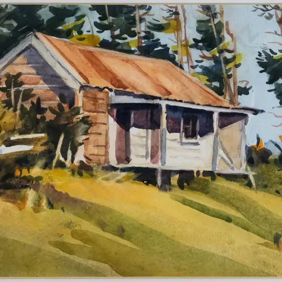 Brent Trolle - framed watercolour - "Mahinapua Homested - Spores" H-175 W-250