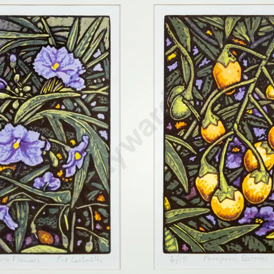 Pat Corballis - framed colour lino cuts x2 No. 6/15 - Poro Poro Flowers / Poro Poro Berries - each H-240 W-170