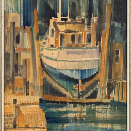 Clark Esplin - framed watercolour - "On the Slip" (very slight foxing) H-730 W-530