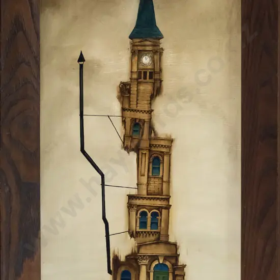 Watts Davies - framed oil on board - deconstructed building H-780 W-350