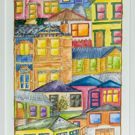 Sue Ballantyne - framed ink and watercolour - "Real Estate" H-230 W-140