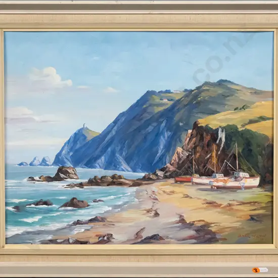 Basil Wilson '67 - framed oil - "Fishing Boats, the Nuggets" H-390 W-490