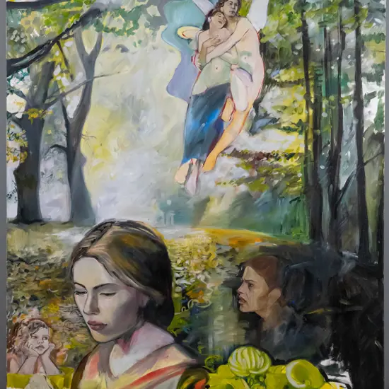 Jasmine Middlebrook -box oil on canvas- forest scene with people and fairy  - H-1020 W-780
