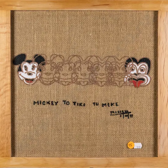 Dick Frizzell 97 - framed reproduction print on hessian - "Mickey To Tiki Tu Meke" H-290 -290